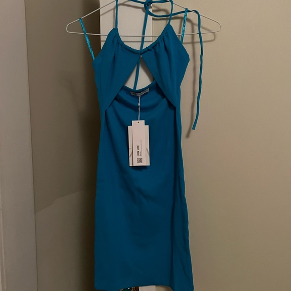 Zara Blue Cut Out Halter Ribbed Dress - Picture 2 of 2